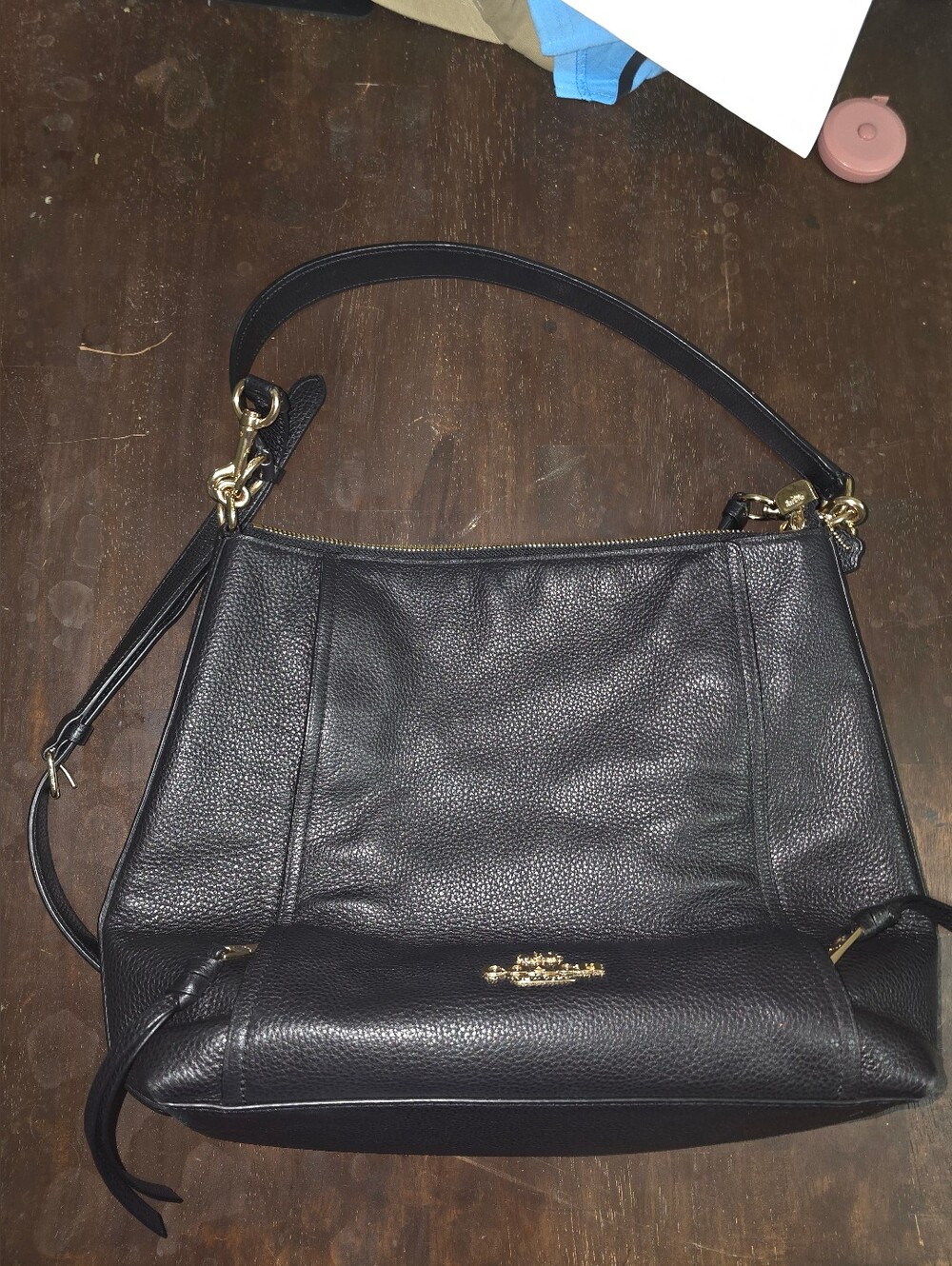 Coach Marlon Black Pebbled Leather Shoulder Bag with Gold Hardware